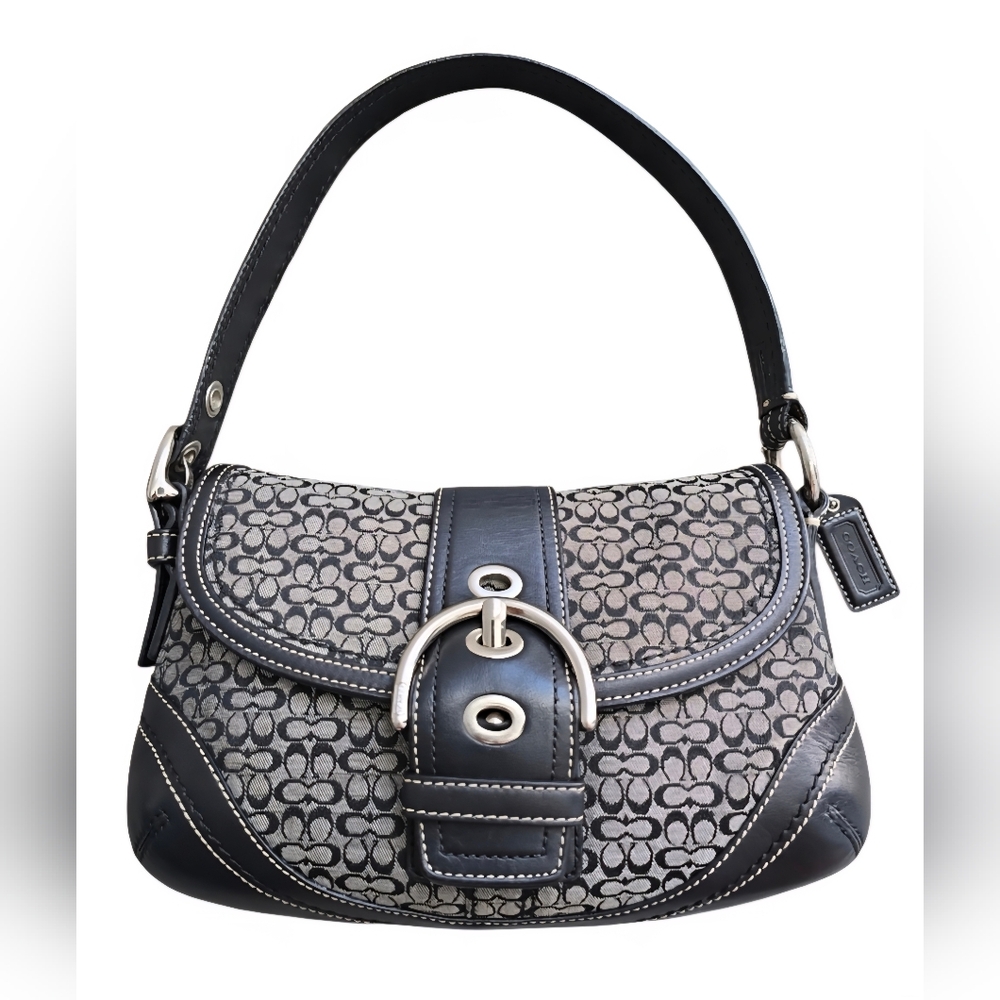 Coach Y2K Soho Small Signature Flap Shoulder Bag F10925 black white gray EUC